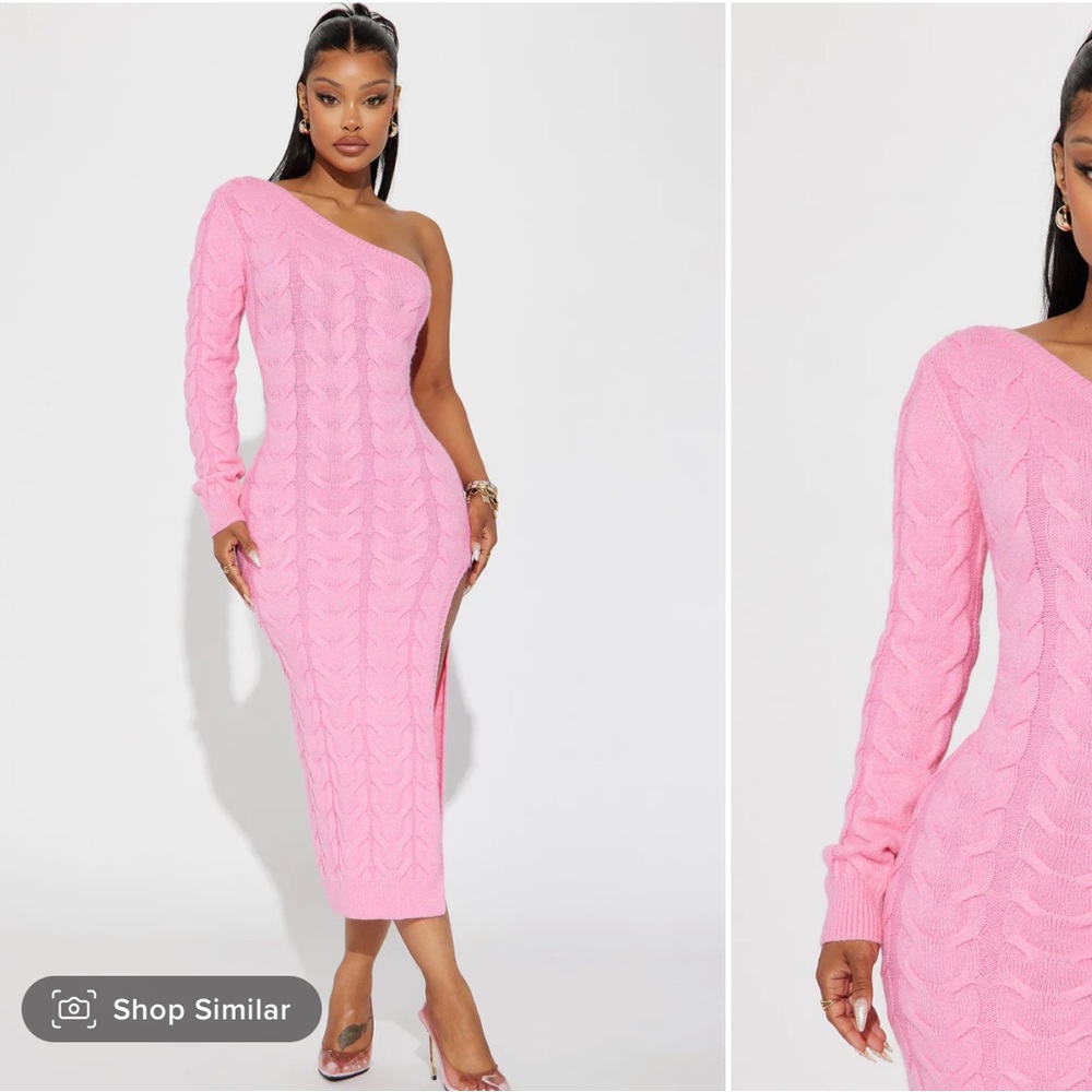 Light pink sweater dress with one shoulder sleeve